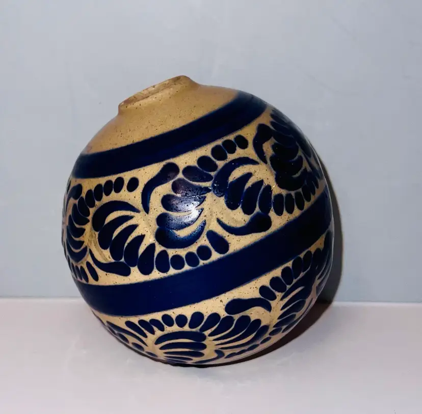 Hand Painted Signed Pottery Globe Orb Ornament Mexico Hole In Top