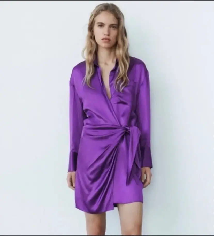 Zara Purple Satin Effect Wrap Shirt Dress NEW Mini Size Small Blogger Fav Night out