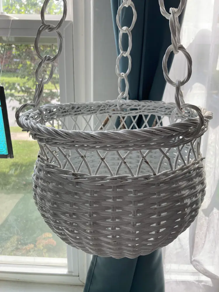 Vintage Wicker Hanging Plant Basket, Cottage Core, Round, White