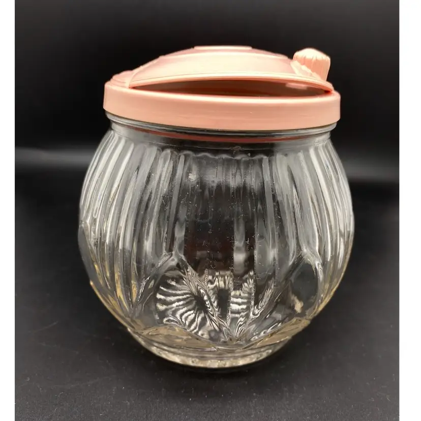 Vintage Medco Clear Glass Sugar Bowl Jar Green Plastic Flip Top