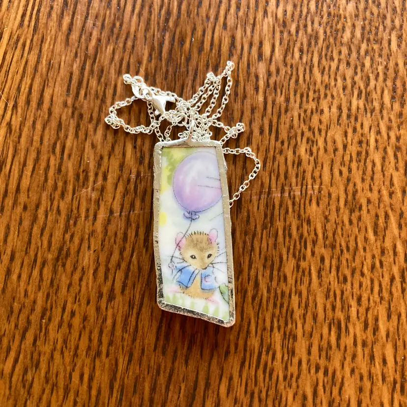 Broken Pottery Artisan Made Pendant Royal Kent Mouse Plate Handcrafted Necklace 3/4 in x 1.75 in
