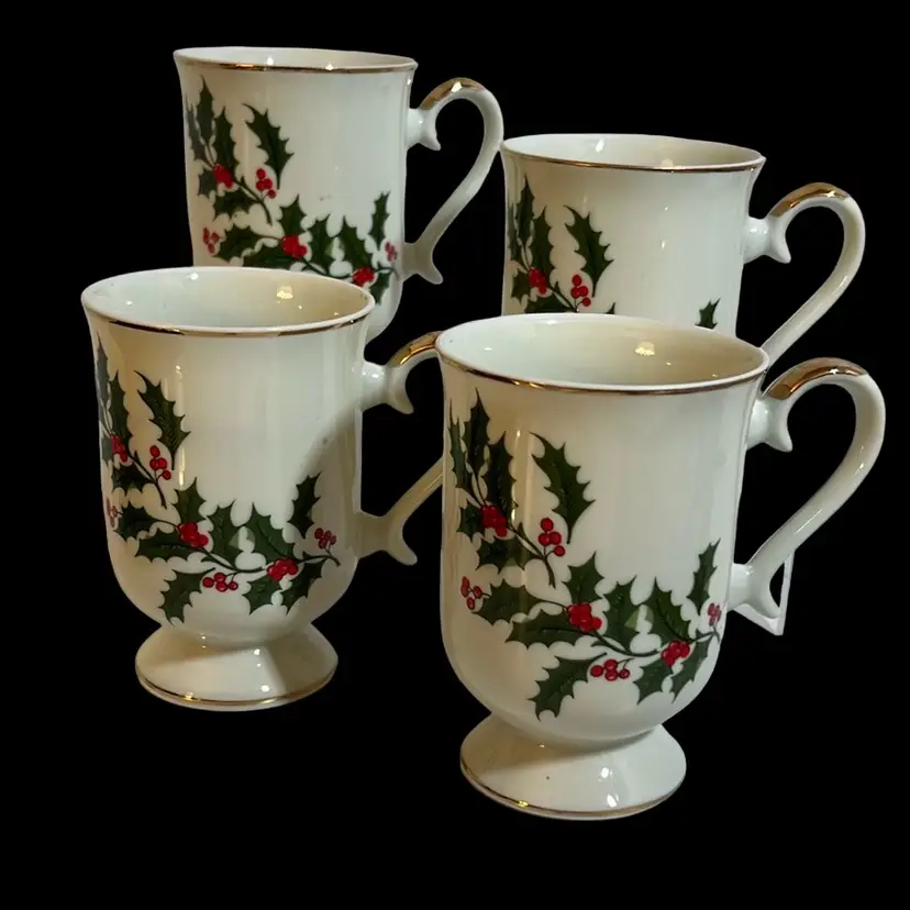 Set of Four Holly Berry Porcelain Coffee Cups