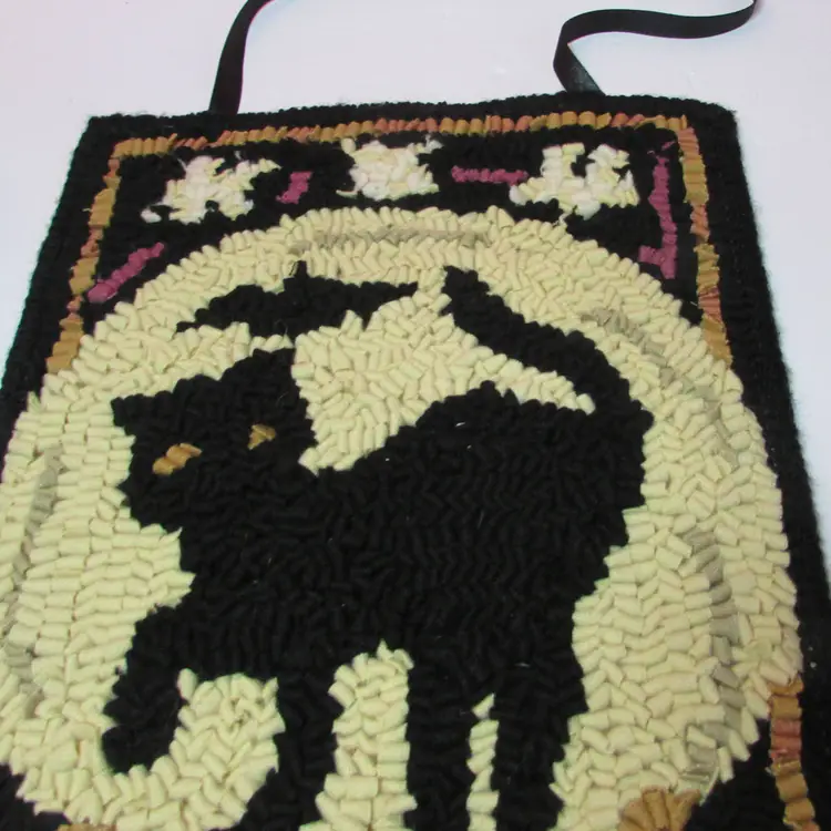 vintage hooked rug wall hanging black cat on fence full moon Halloween decor