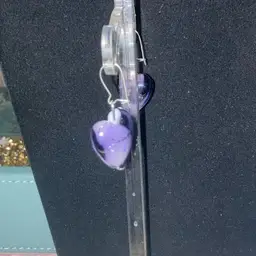 Glass Purple Heart 1 1/2” Drop Earrings! Silver Tone Fish Hooks.  Made By Me! UV Reactive Glow!