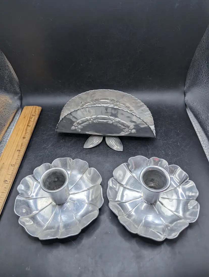 Vintage Hammered Aluminum Napkin and Candle Holders