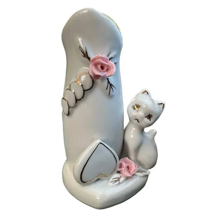 Vintage Glazed Ceramic White Cat Bud Vase Pink Roses, Hearts, Gold Accents