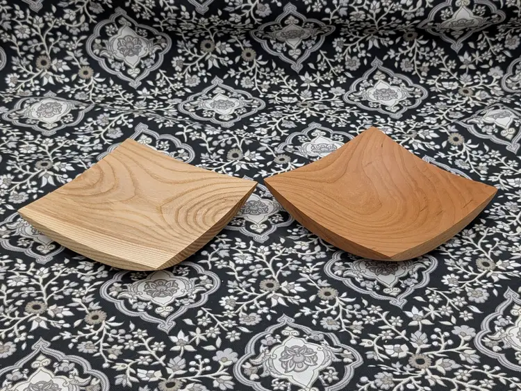Two Handcrafted Curved Square Wood Plates 6" x 1" (One Ash and One Cherry)