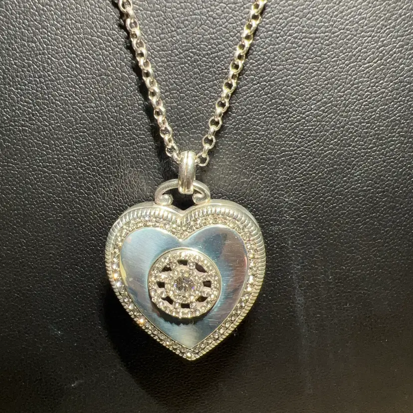 Brighton 28” Silver Plated Heart Locket Necklace Rhinestone Accents