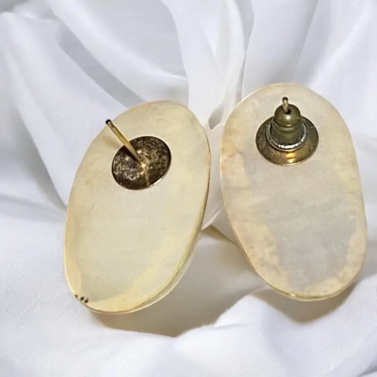 Estate Item Osmena Philippines Pearl  Gold Tone Pierced Earrings 2-9/16"Abalone Shell
