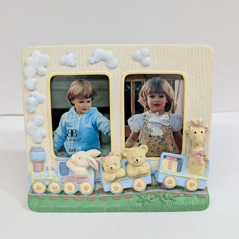 Vintage Burnes of Boston Double Picture Frame 3D Nursery Animal Train 90s Pastel