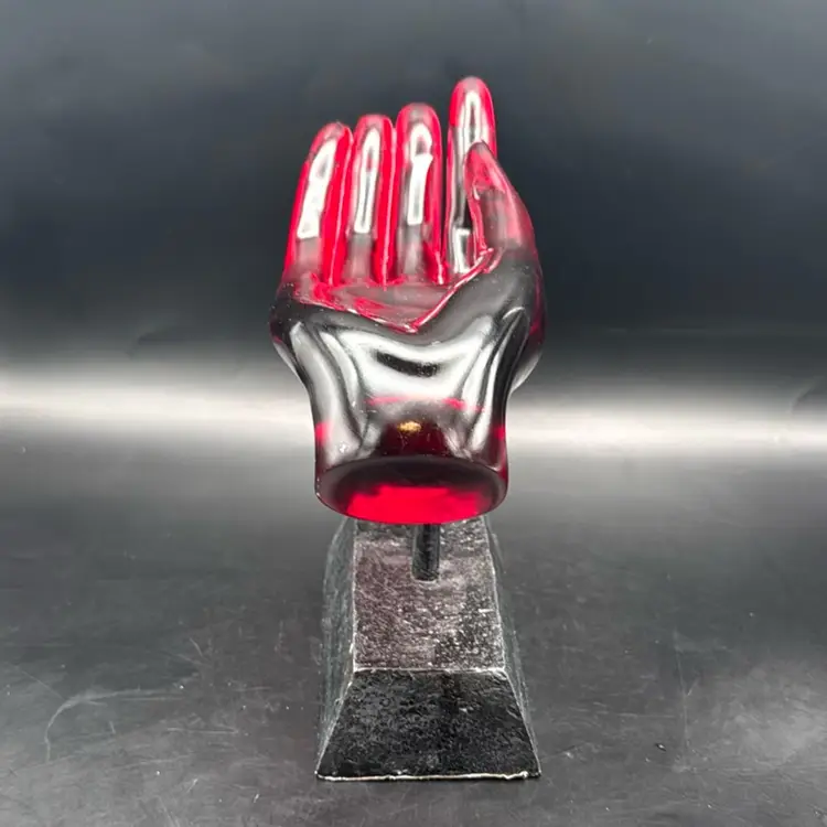 Contemporary Red Lucite Hand On Pedestal