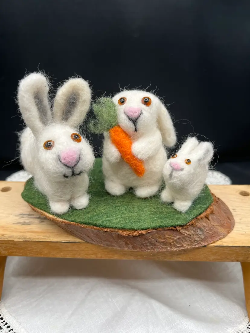 Made By Me Needle Felted Bunny Family Mounted On Wood Slice 3.5” H x 5.5” W