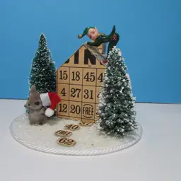 vintage crafted Bingo card house with elf and mouse Christmas winter scene