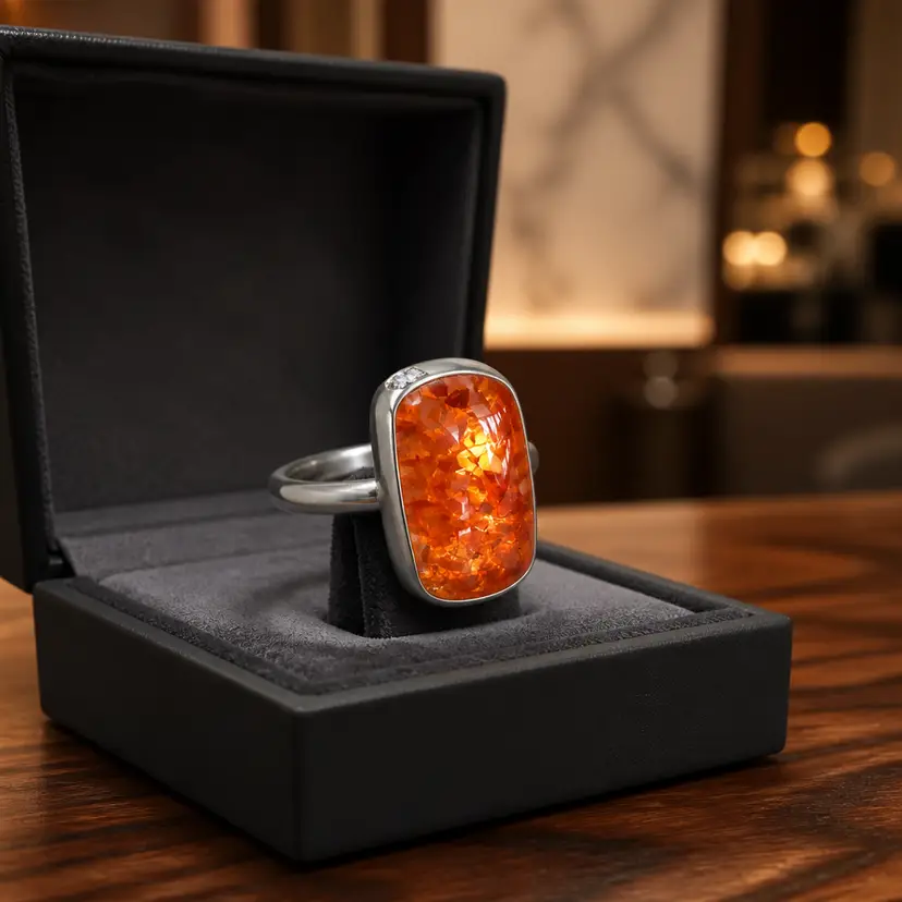 Sterling Silver Ring w/ .75" Rectangular Baltic Amber Stone, Size 8