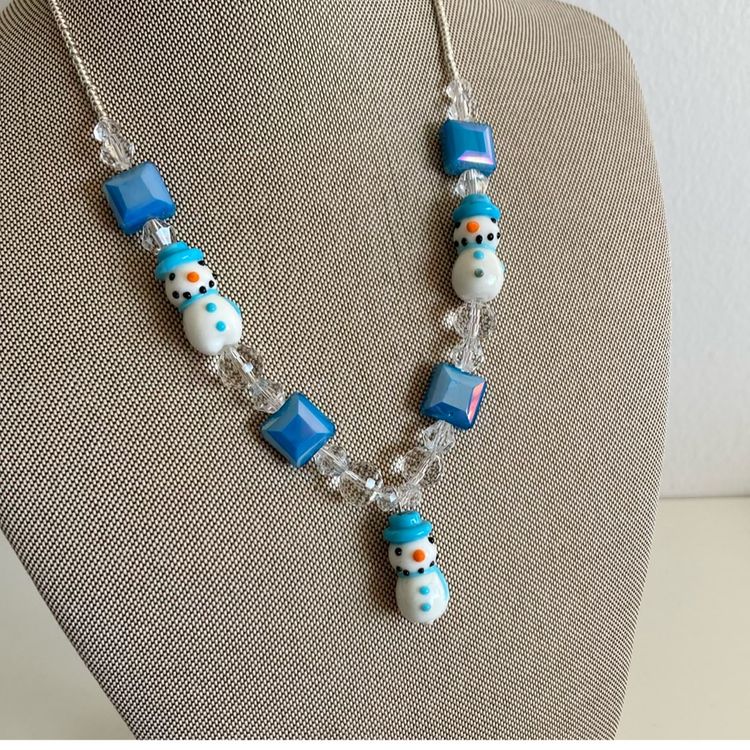Frosty Ice Lampwork Glass Snowman Beaded Necklace.