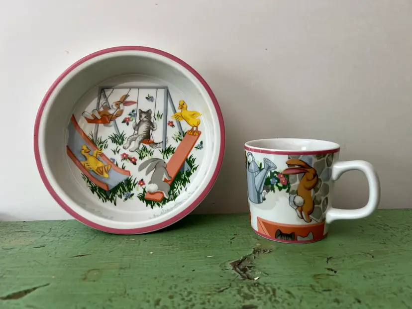 Vintage Tiffany & Co Children's 2 Piece Set. Tiffany's Playground Spring Bunny Cup and Bowl
