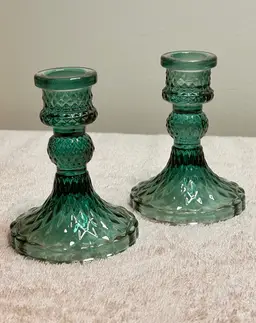 Annibells 2 Sea Foam Green Harlequin Glass Candlestick Holders 4”x3”