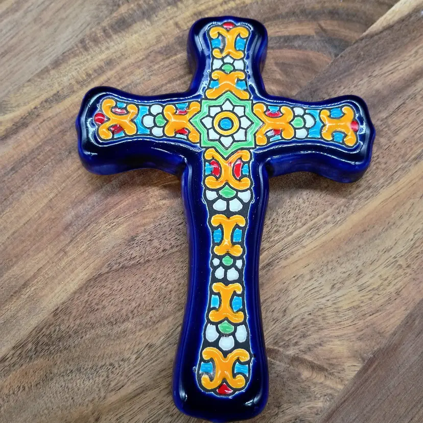 Talavera Mexico Folk Art Pottery Cross Cobalt Blue Border Colorful Design