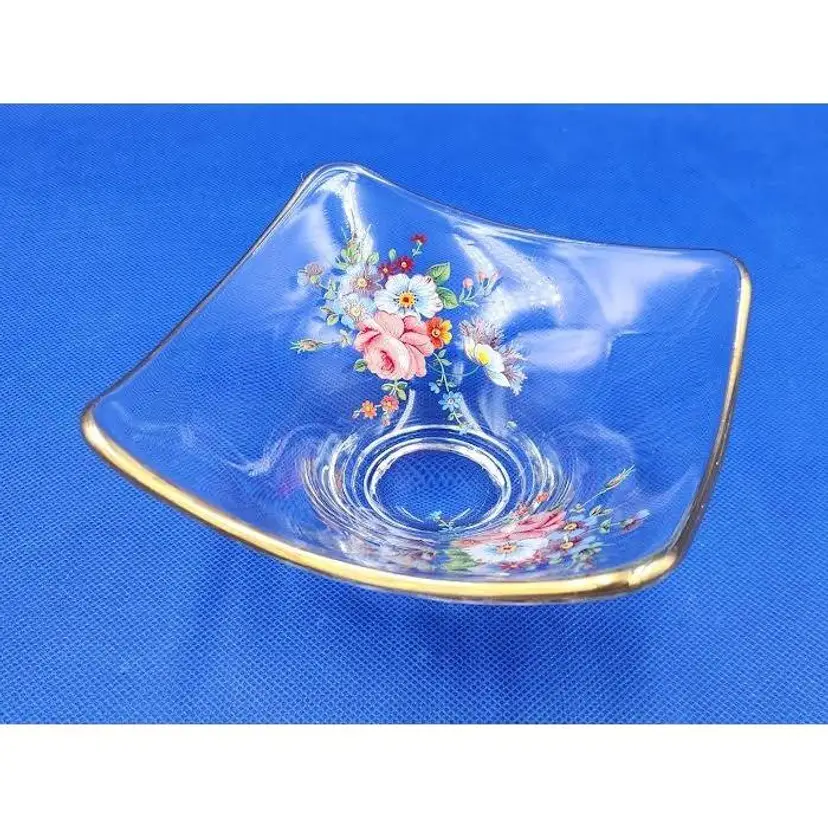Vintage Glass bowl with gold trim and flowers