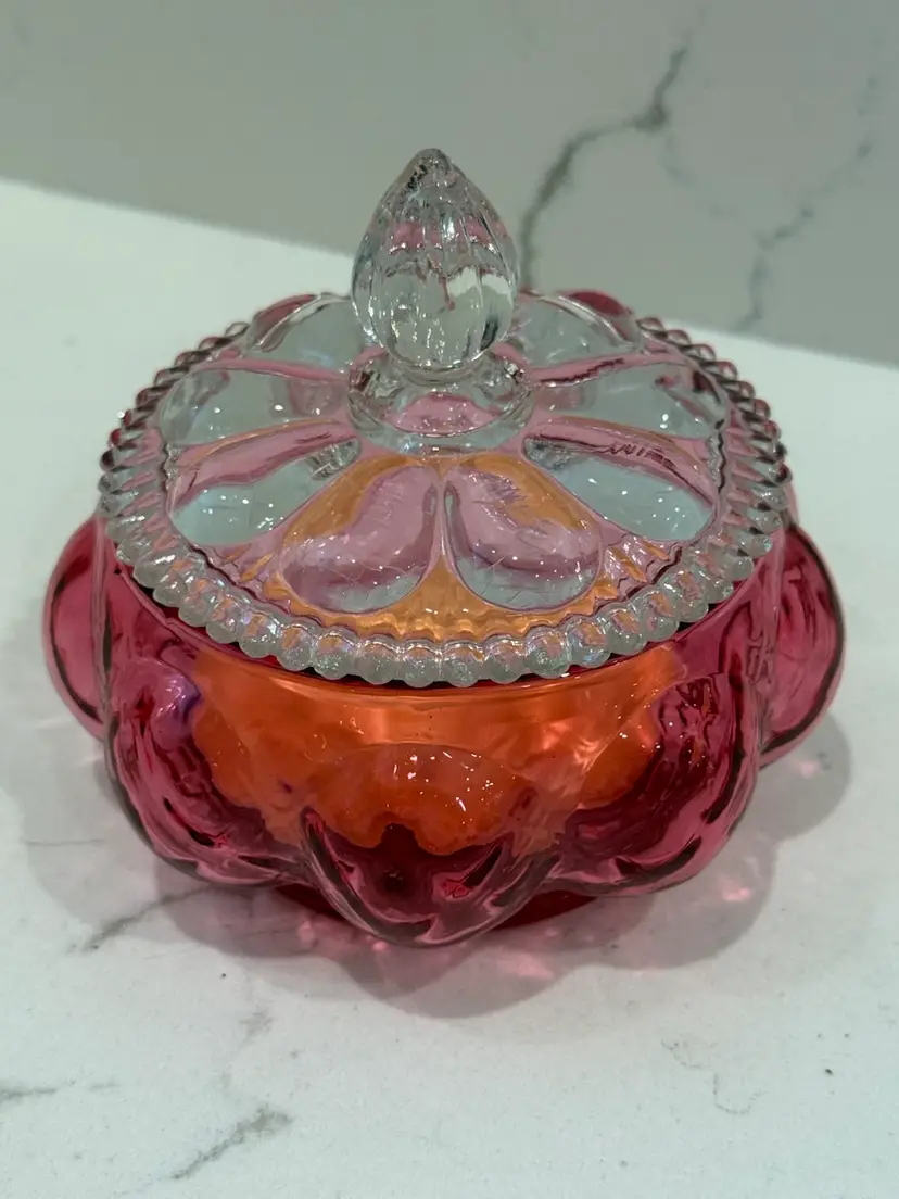 Fenton Cranberry Pink Diamond Optic Melon Powder Vanity Jar 4.25”