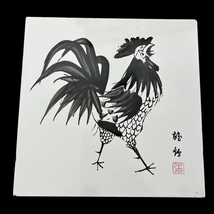 Mid-Century Japanese Brush Rooster Ceramic Tile – 6x6