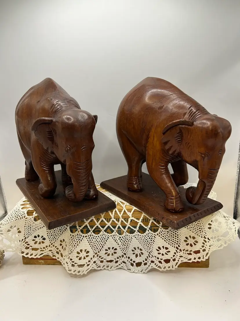 Pair Of Hand Carved Elephants. ( Bookends )