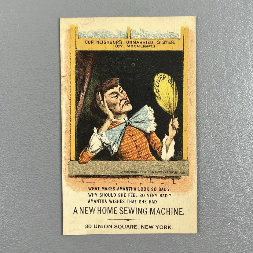 Victorian Trade Card New Home Sewing Machine New York Neighbors Unmarried Sister By Moonlight 5x3"