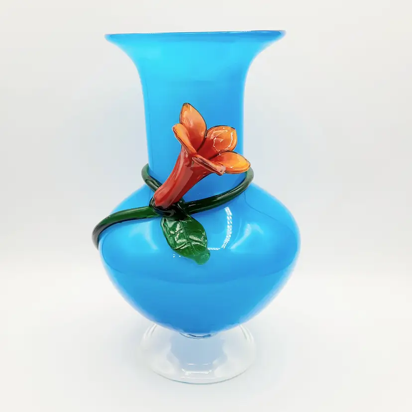 Art Glass Vase Turquoise Blue with Applied Orange Flower