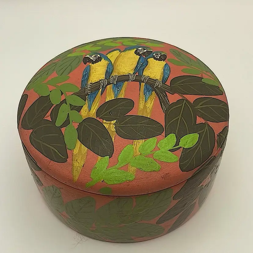 Hand painted, 2 pc Wooden Box, Parrots on Branch with Leaves, Signed “Les Creations Mana”