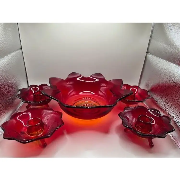 #04 - Vintage Fenton Ruby Red Lotus Flower 8 Petal Glass Bowl and Footed Candle Holder Set ~ UV Reactive ~ Bowl is 3.25 inches tall, 8.75 inches wide ~ Candle Holders are 1.75 inches tall, 4.50 inches wide