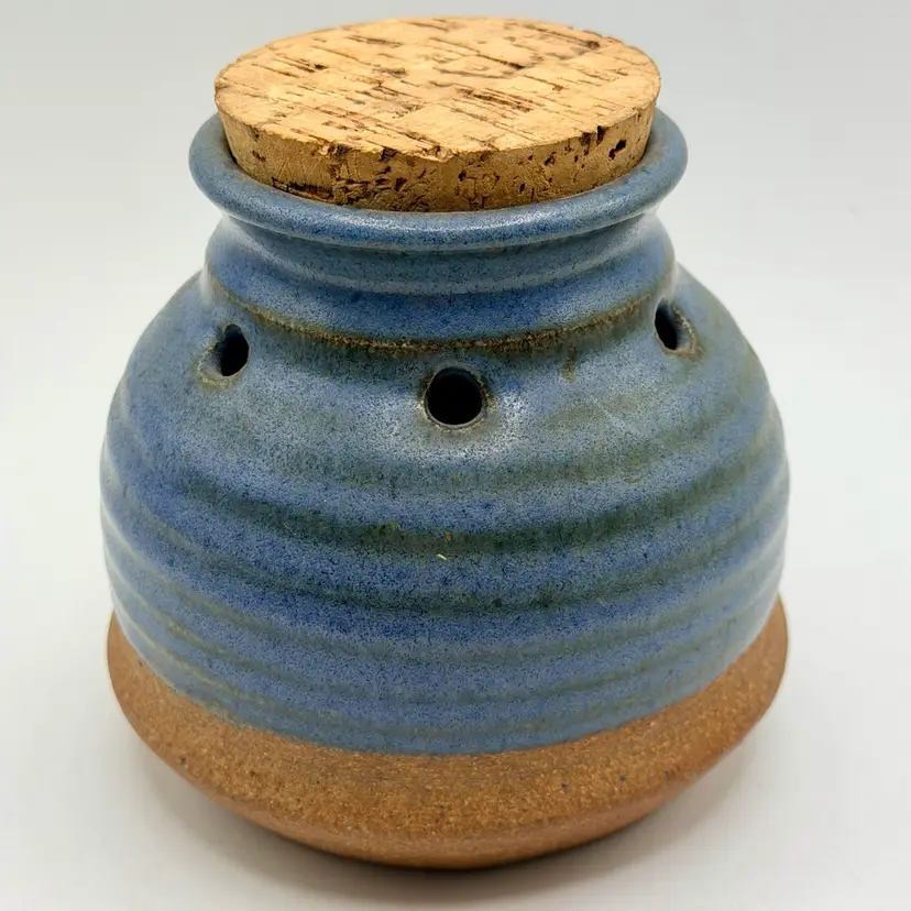 Handmade Studio Art Pottery Garlic Keeper Vented Holes Blue Speckled Signed 1993