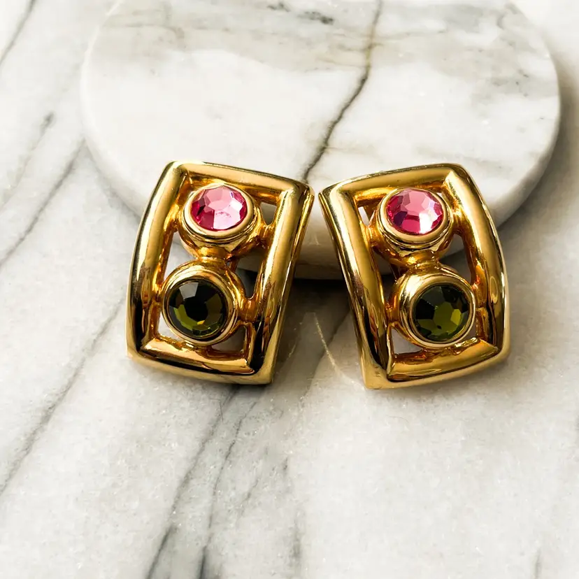 Rare Vintage Les Bernard Earrings Pink Green Crystal Gold Rectangular Setting Clip On