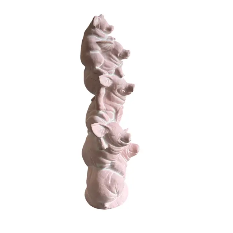 Hand Painted Light Pink Ceramic Tower or Totem of 5 Pigs Figurine