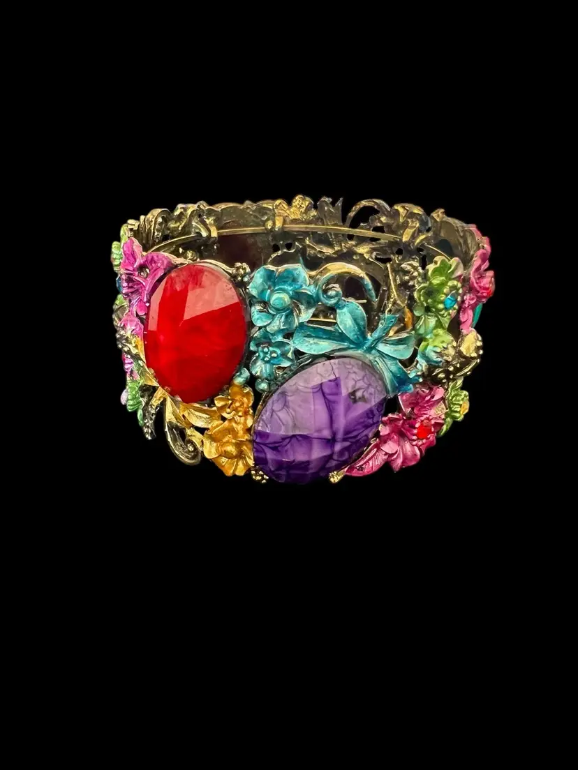 Vintage Chunky Multi-Color Rhinestone Floral Antique Brass Cuff Bangle Bracelet #D6-1