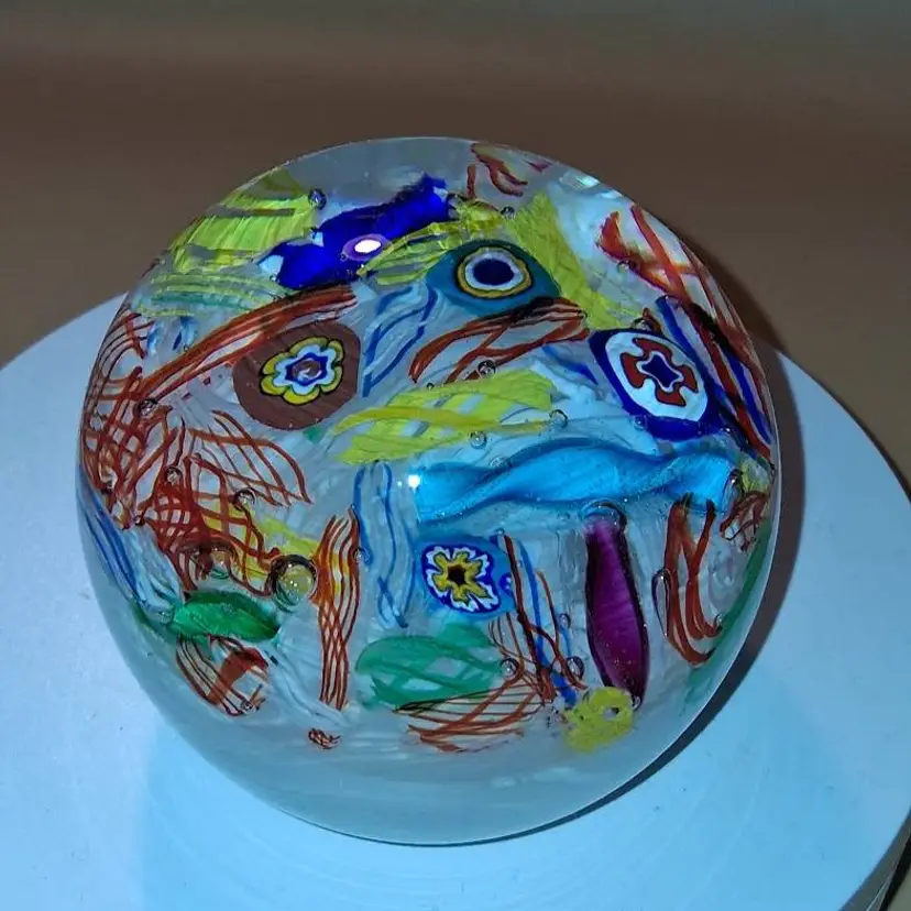 Vintage Gentile Glass 3.0" Size White Version Millefiori, Latticinio Scatter Paperweight