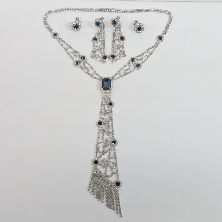 Vintage HOBE Sapphire Blue and Clear Rhinestone Necklace & Earring Set Tie Shape