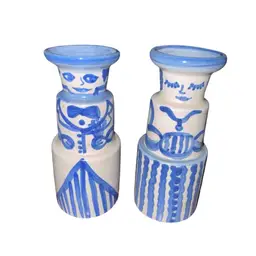 M.A.  Hadley Pottery Stoneware Bride & Groom Candlestick Holder Pair