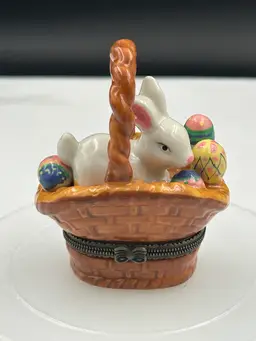 Adorable Ceramic Easter Bunny with Eggs in the Basket Trinket Box