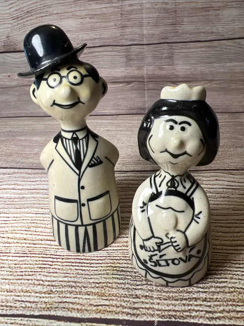 Vtg Croatian Ceramic Pair Bells Man Woman Black White 4.5” 3.75”