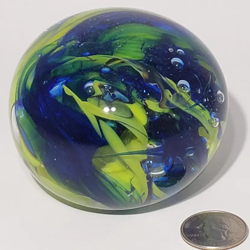 Art Glass Lime Green Blue Swirl Glass 3" Round Globe Paperweight Signed