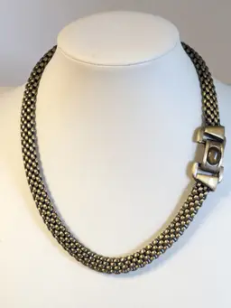 Vintage Brassy Gold Tone Mesh Necklace with Stone Clasp