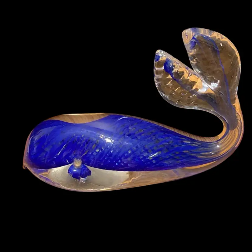 Glass Whale Paperweight With Blue Swirls 5 1/2” X 4”x 2”