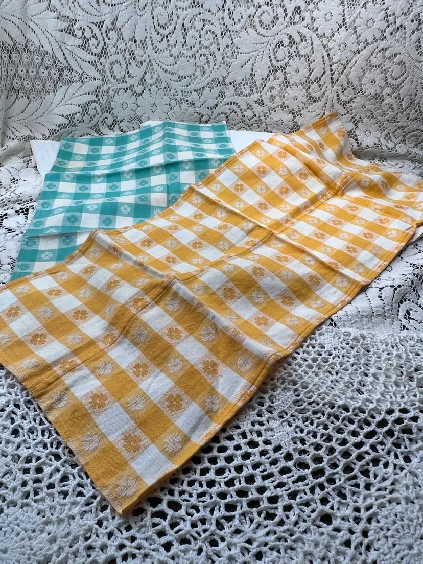 Two Kitchen Towels, Orange/Yellow Check 25.5" X 10.25"And Blue Check 16" X 11.25"