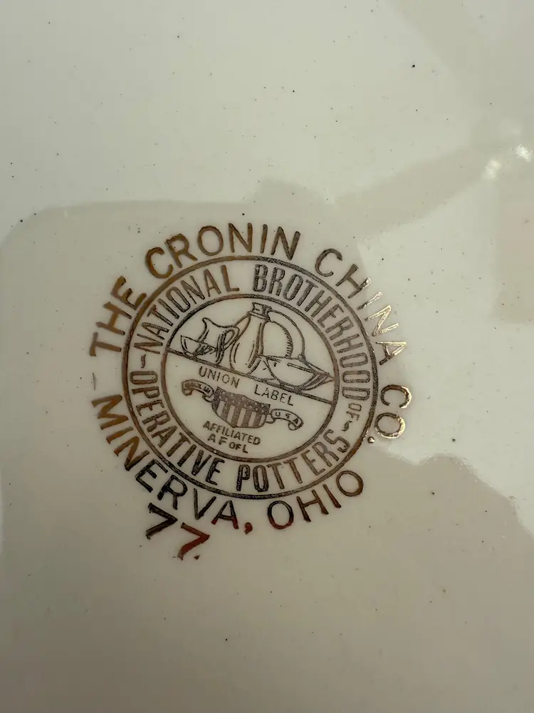 Vintage Cronin China Handled Plate with Chinoiserie Bird & Floral Wreath | 10.5” Serving Tray | Minerva Ohio Union Mark 1930s