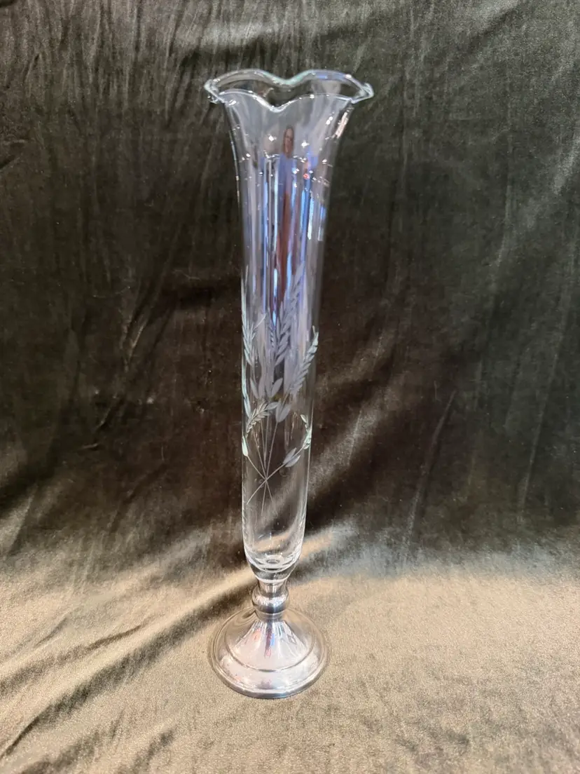 Vintage Web Sterling Weighted Base Etched Glass Bud Vase
