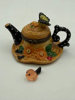 Hinged Teapot Trinket Box With Butterflies & Trinket