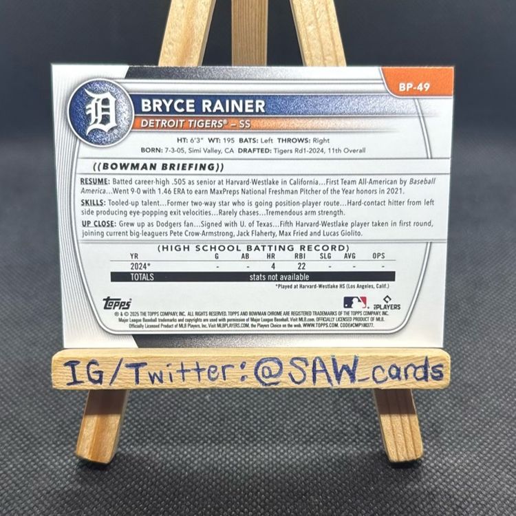 Bryce Rainer 2025 Bowman Paper Pink /175 Detroit Tigers