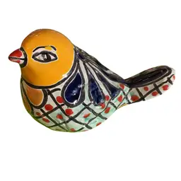 18. Gorgeous 5.5” Long Colorful Talavera Pudgy Bird  🦅 Featuring Golden Rod Yellow Head And Mint Green And White Body. And A Dark Blue Floral Design