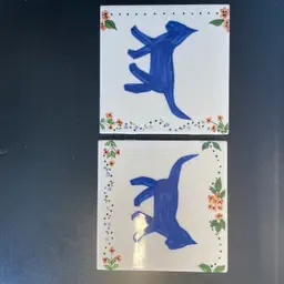 Pair (2) Hand Painted Cat Ceramic Art Tile Wall 6” Square