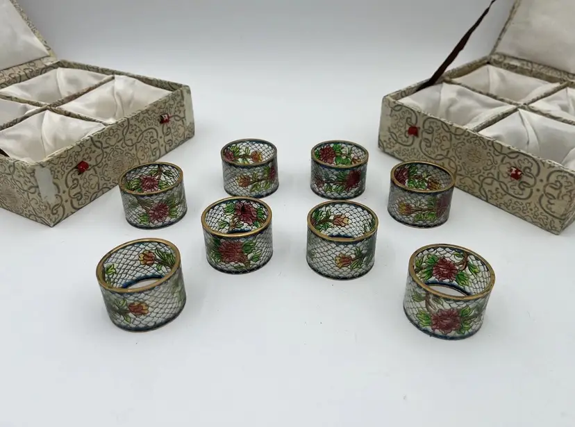 Vintage Plique A Jour Enamel Chinese Napkin Rings Cloisonne Glass Scallop